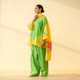 Sundari Kota Doria Cotton Farshi Set with Dupatta - Parrot Green & Turmeric Yellow