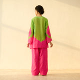 Sundari Kota Doria Cotton Farshi Set with Dupatta - Hot pink & Parrot Green