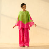 Sundari Kota Doria Cotton Farshi Set with Dupatta - Hot pink & Parrot Green