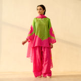 Sundari Kota Doria Cotton Farshi Set with Dupatta - Hot pink & Parrot Green