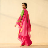 Sundari Kota Doria Cotton Farshi Set with Dupatta - Hot pink & Parrot Green