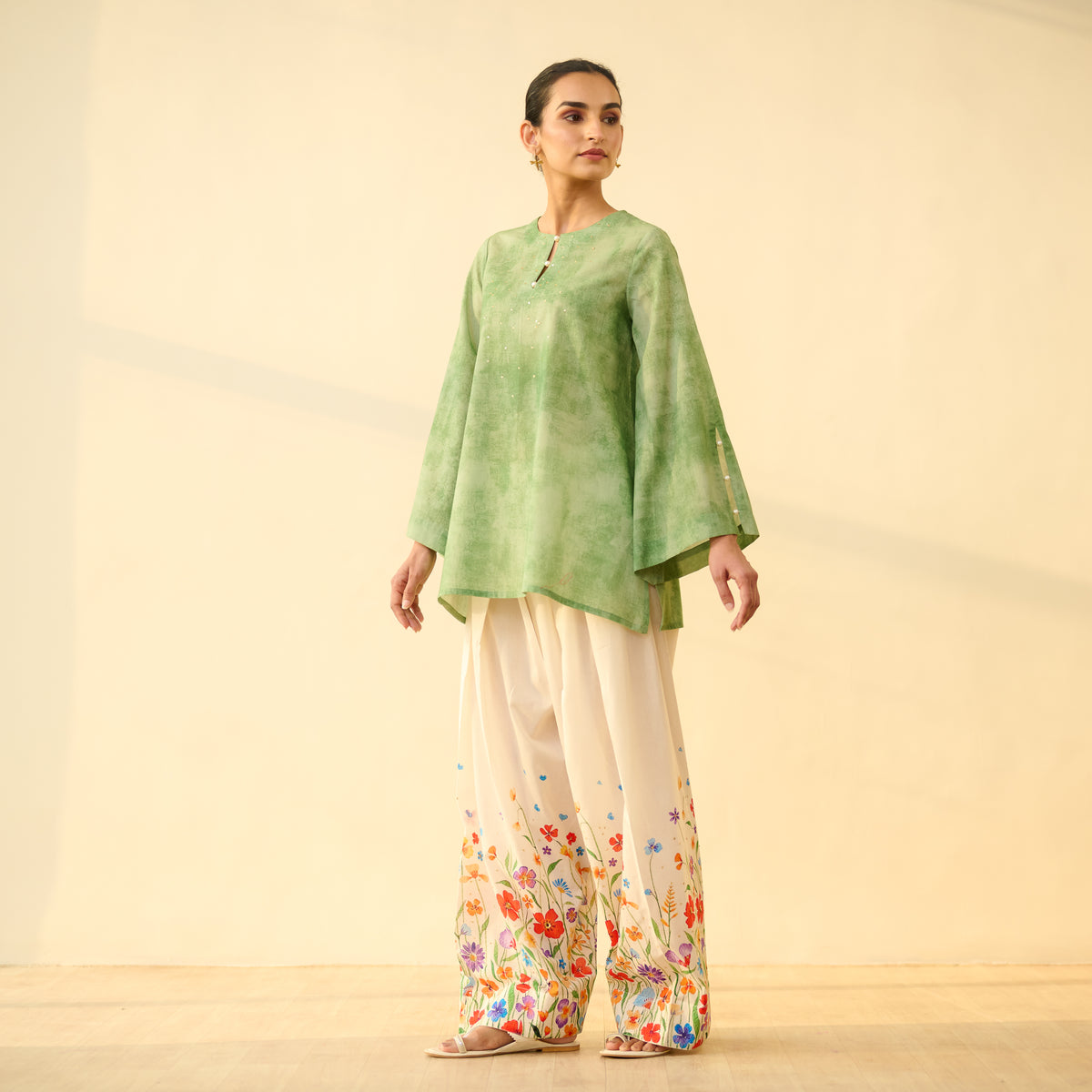 Basant Hand Embroidered Mulmul Cotton Farshi Set - Sage Green