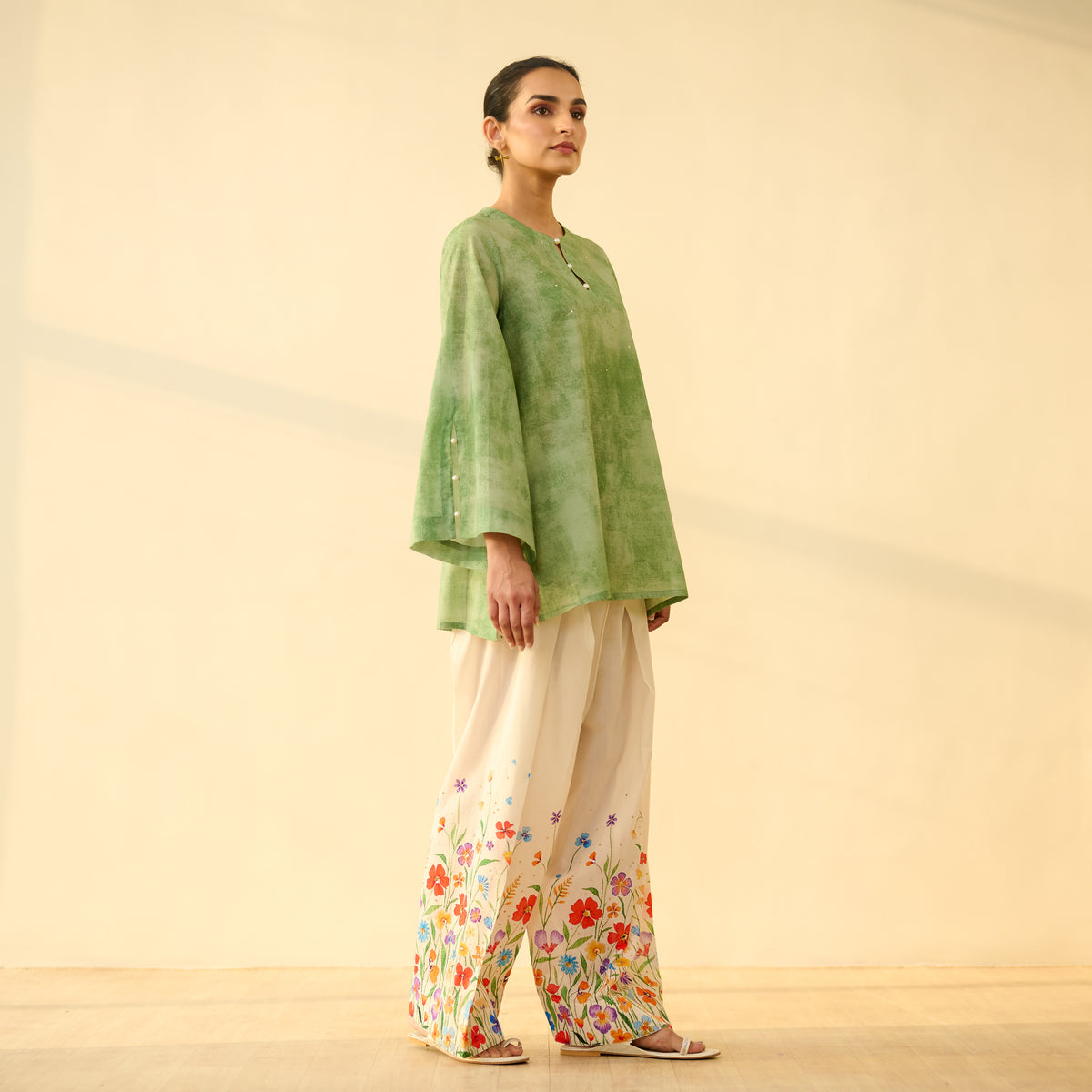 Basant Hand Embroidered Mulmul Cotton Farshi Set - Sage Green