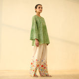 Basant Hand Embroidered Mulmul Cotton Farshi Set - Sage Green