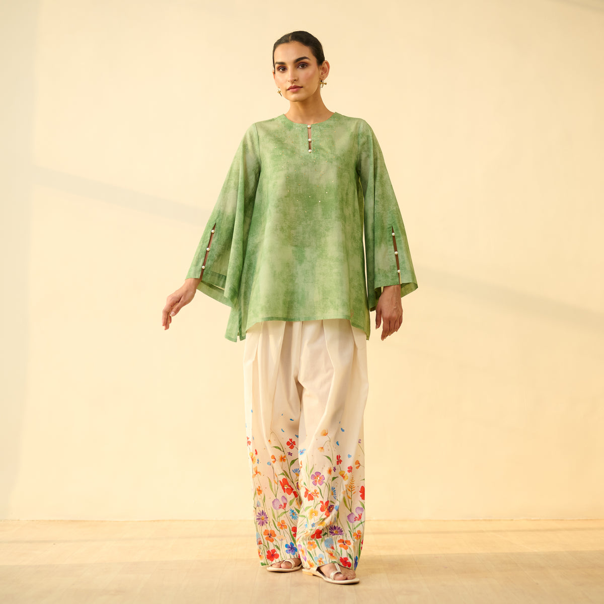 Basant Hand Embroidered Mulmul Cotton Farshi Set - Sage Green