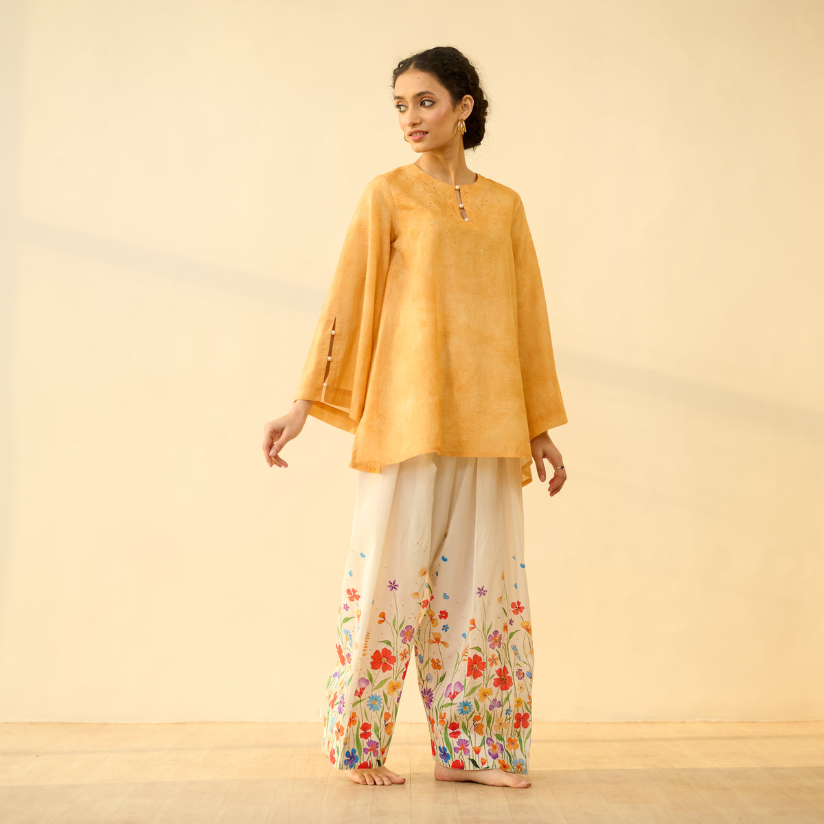 Basant Hand Embroidered Mulmul Cotton Farshi Set - Turmeric Yellow