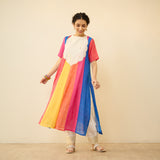 Rani Hand Embroidered Kota Doria Cotton Kurta Set - Multicolor