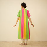 Rani Hand Embroidered Kota Doria Cotton Kurta Set - Pink, Orange & Yellow