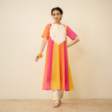 Rani Hand Embroidered Kota Doria Cotton Kurta Set - Pink, Green & Yellow
