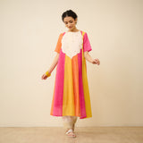Rani Hand Embroidered Kota Doria Cotton Kurta Set - Pink, Green & Yellow