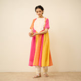 Rani Hand Embroidered Kota Doria Cotton Kurta Set - Pink, Green & Yellow