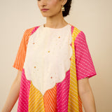 Rani Hand Embroidered Kota Doria Cotton Kurta Set - Pink, Green & Yellow