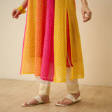 Rani Hand Embroidered Kota Doria Cotton Kurta Set - Pink, Green & Yellow