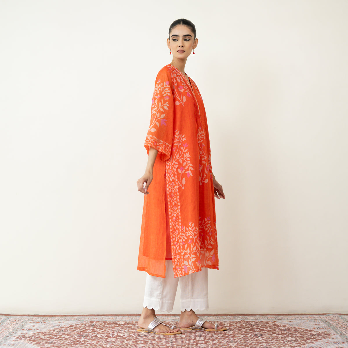 Kumkum Festive Chanderi Kurta - Tangerine