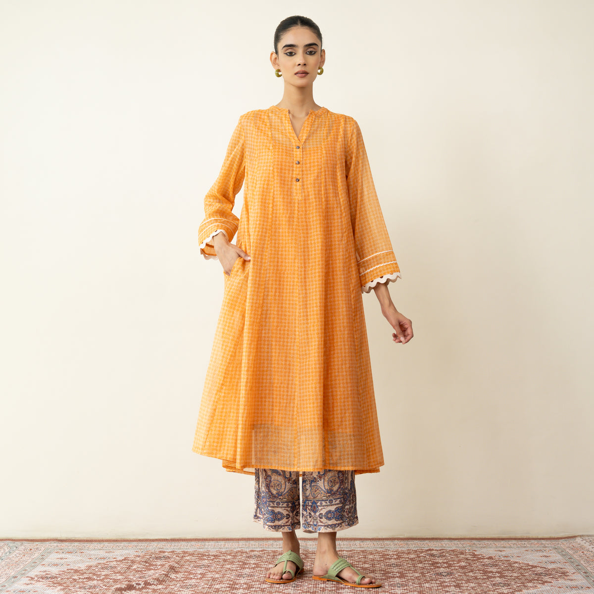 Suvarna Chanderi Kurta Set - Tangy Orange