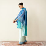 Laila Hand Embroidered Chanderi Farshi Set - Mint & Sea Blue