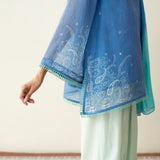 Laila Hand Embroidered Chanderi Farshi Set - Mint & Sea Blue