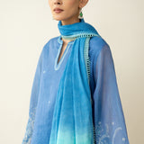 Laila Hand Embroidered Chanderi Farshi Set - Mint & Sea Blue
