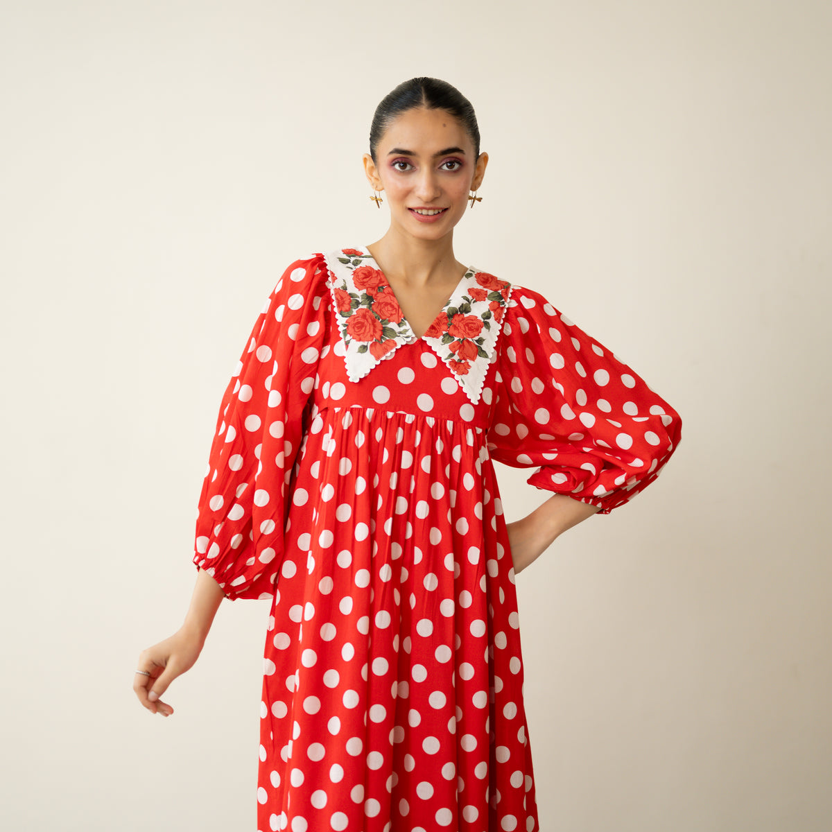 Polka Mulmul Cotton Dress - Tomato Red