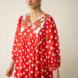 Polka Mulmul Cotton Dress - Tomato Red