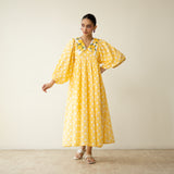 Polka Mulmul Cotton Dress - Mango Yellow