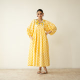 Polka Mulmul Cotton Dress - Mango Yellow