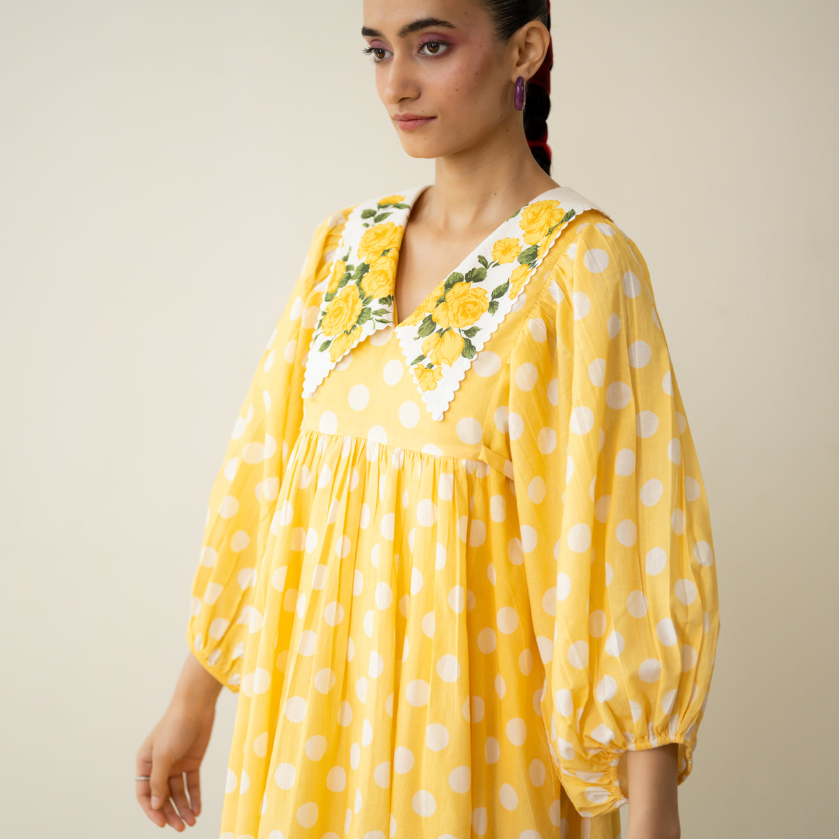 Polka Mulmul Cotton Dress - Mango Yellow