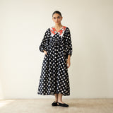 Polka Mulmul Cotton Dress - Black