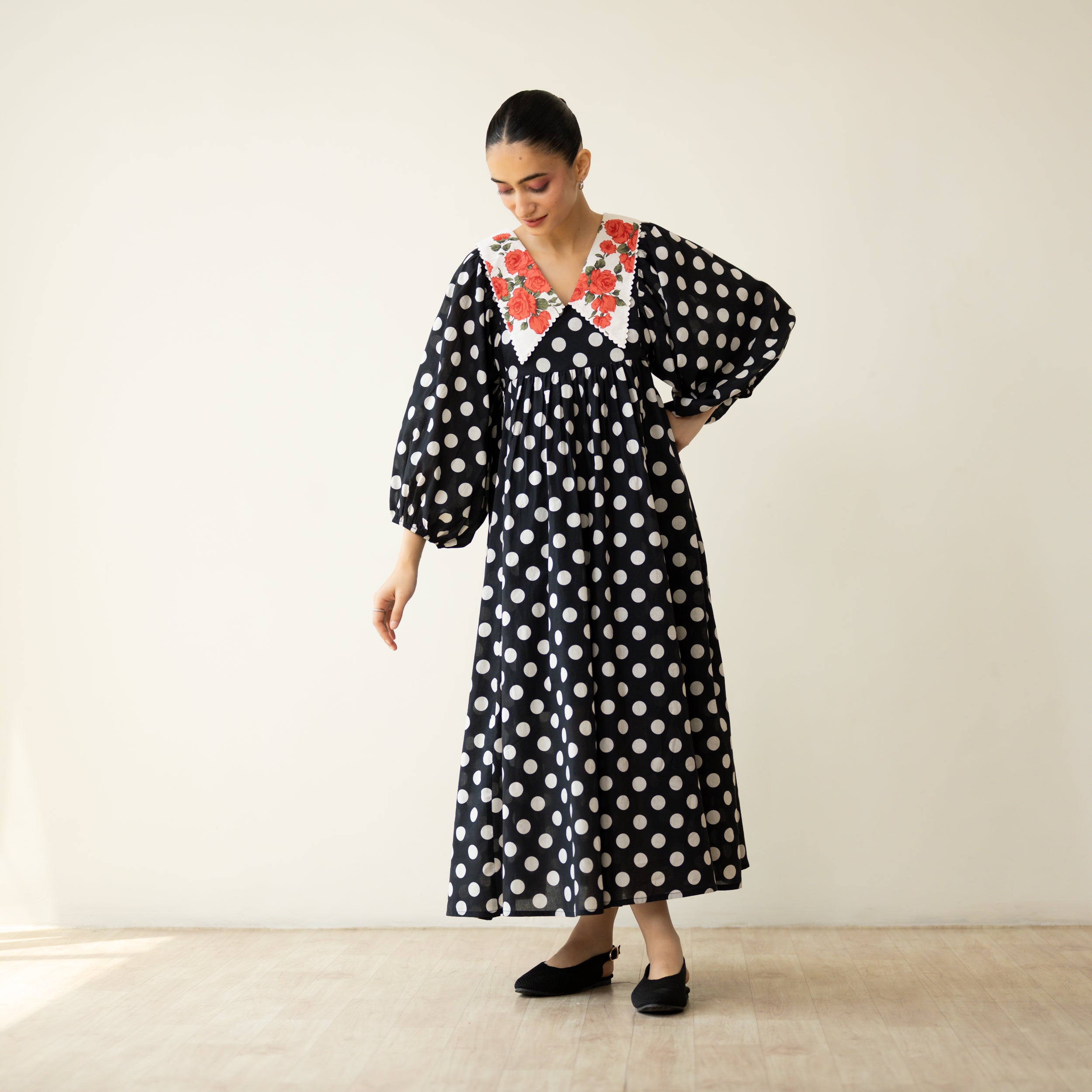 Polka Mulmul Cotton Dress - Black