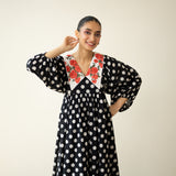 Polka Mulmul Cotton Dress - Black