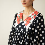 Polka Mulmul Cotton Dress - Black