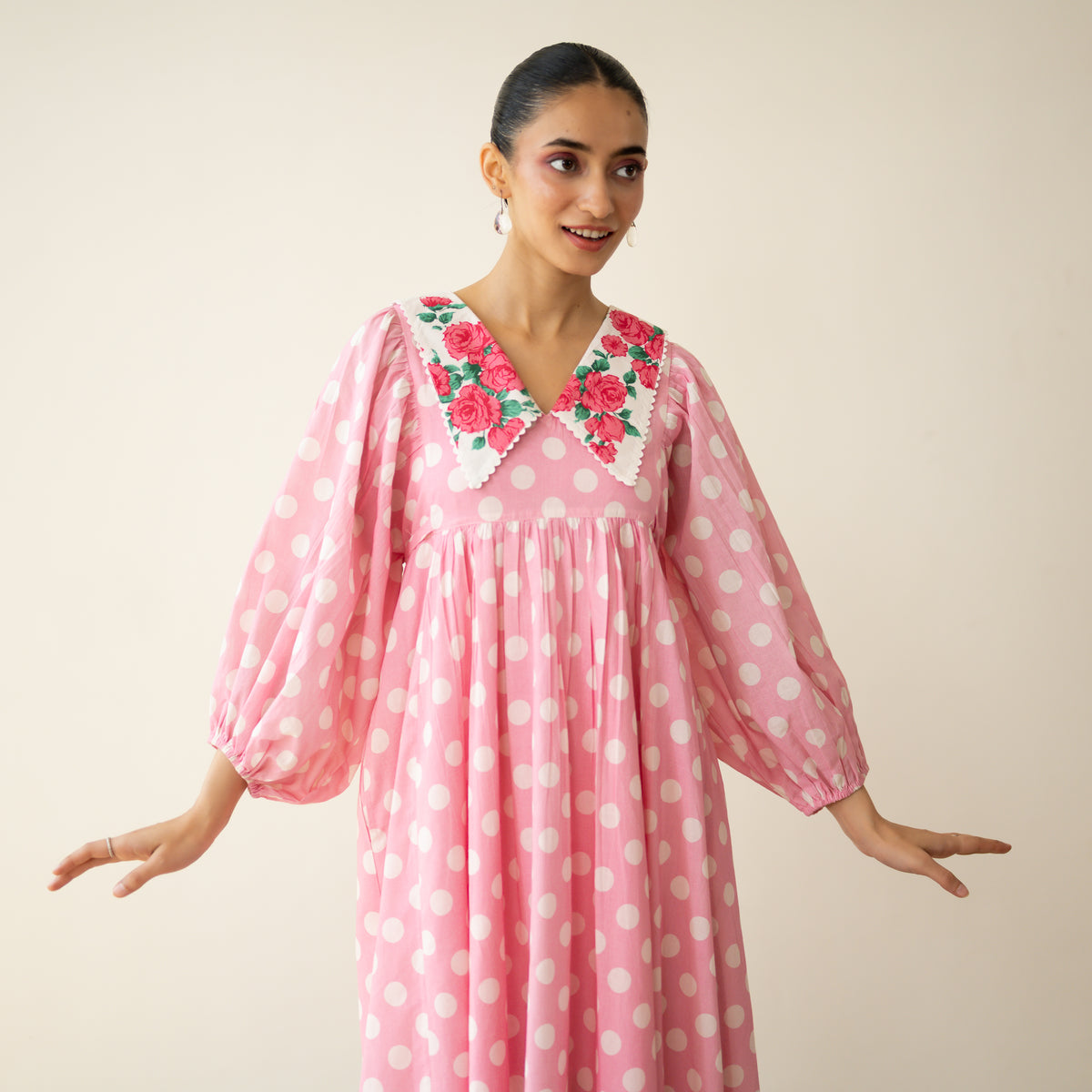 Polka Mulmul Cotton Dress - Baby Pink