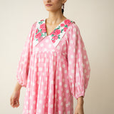 Polka Mulmul Cotton Dress - Baby Pink