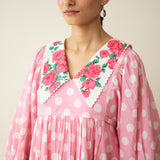 Polka Mulmul Cotton Dress - Baby Pink