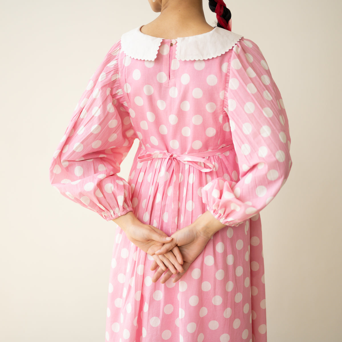 Polka Mulmul Cotton Dress - Baby Pink