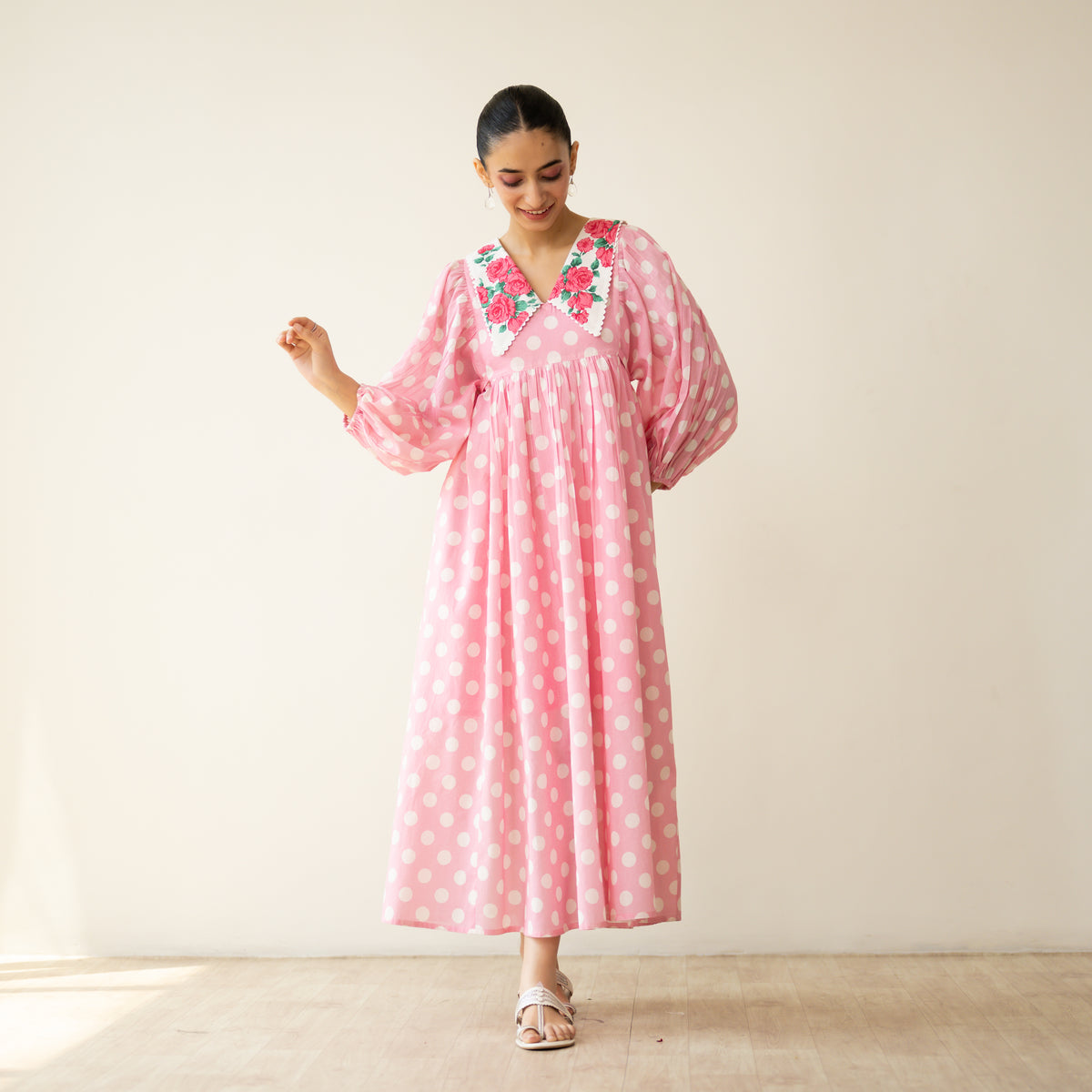 Polka Mulmul Cotton Dress - Baby Pink