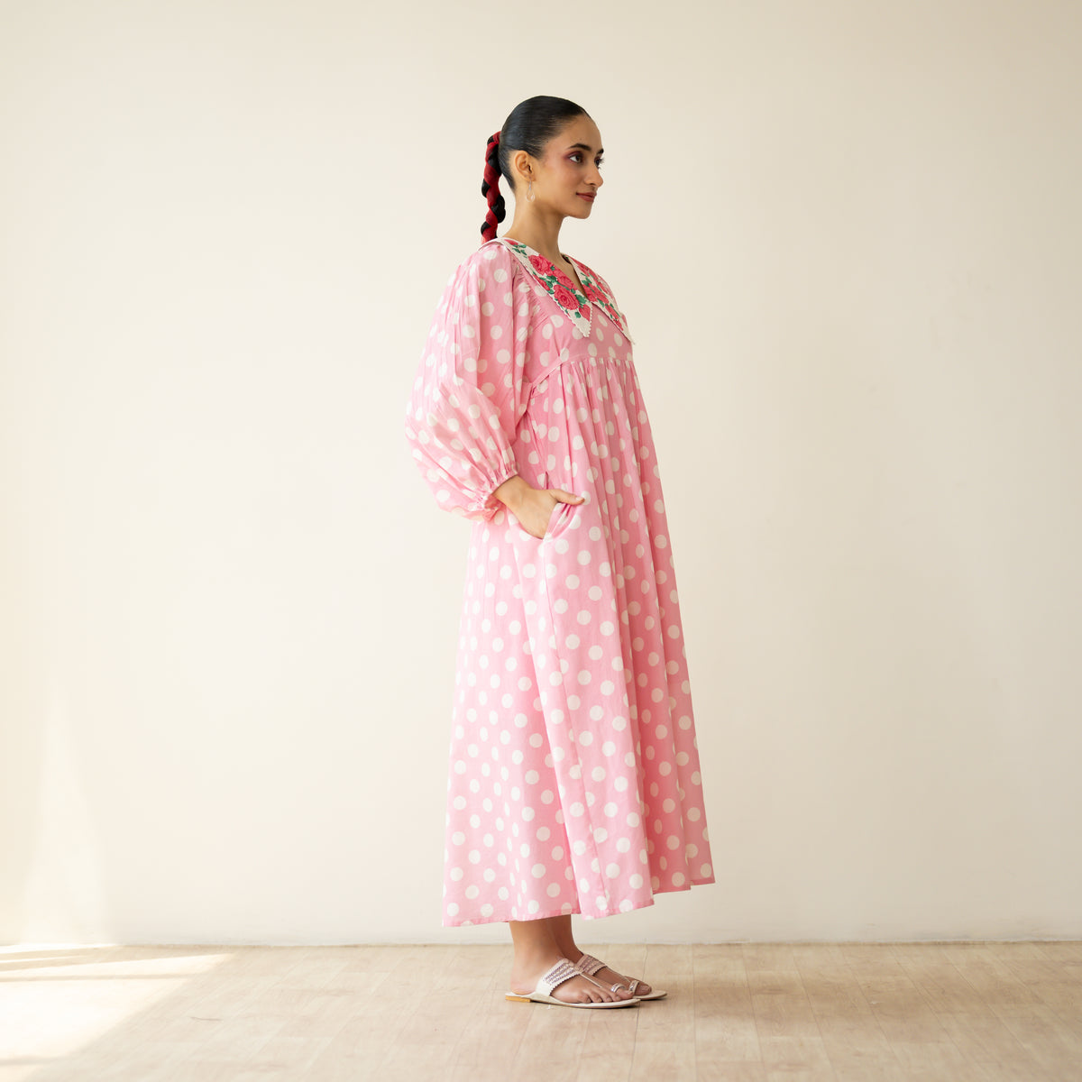 Polka Mulmul Cotton Dress - Baby Pink