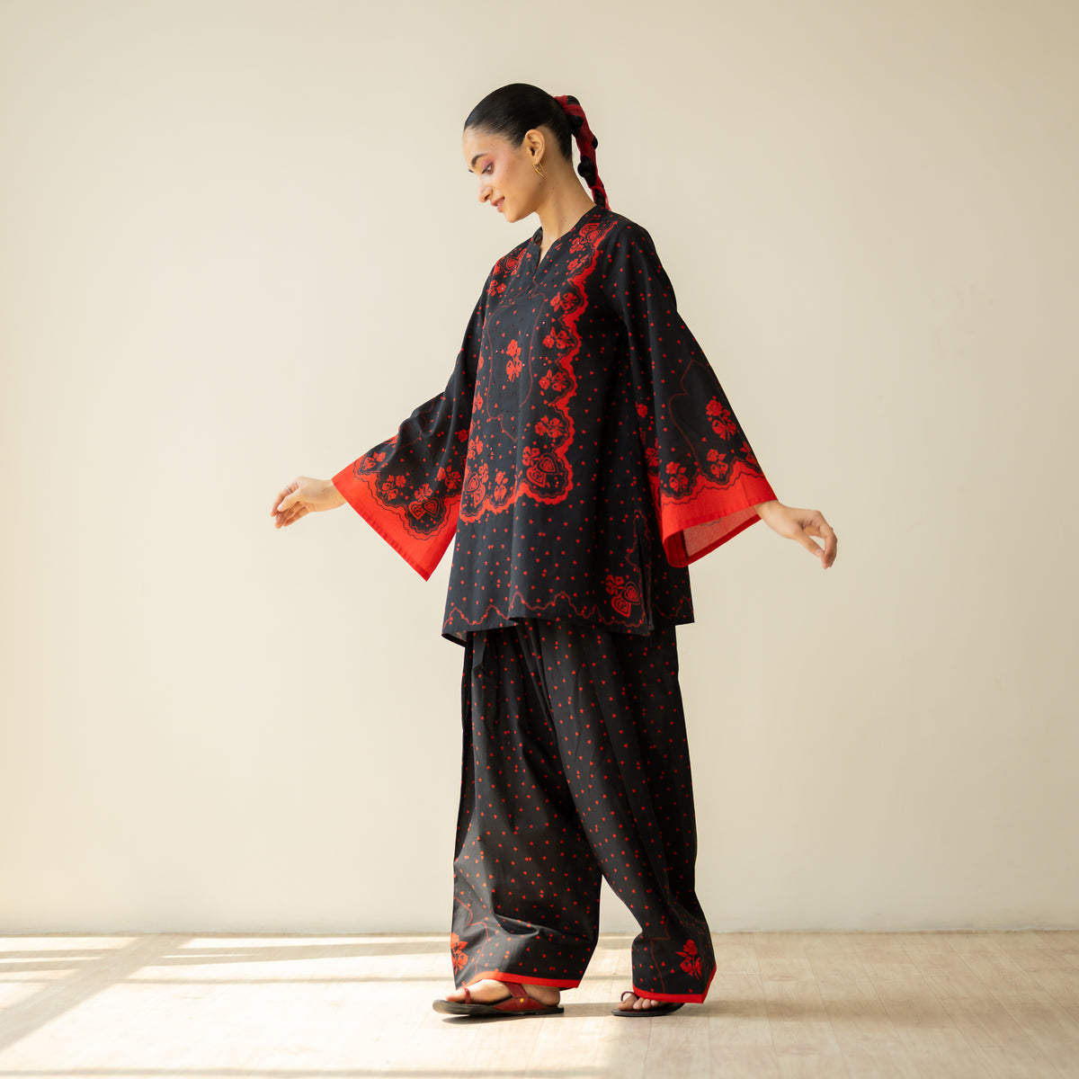 Senorita Hand Embroidered Mulmul Cotton Farshi Set - Dramatic Black