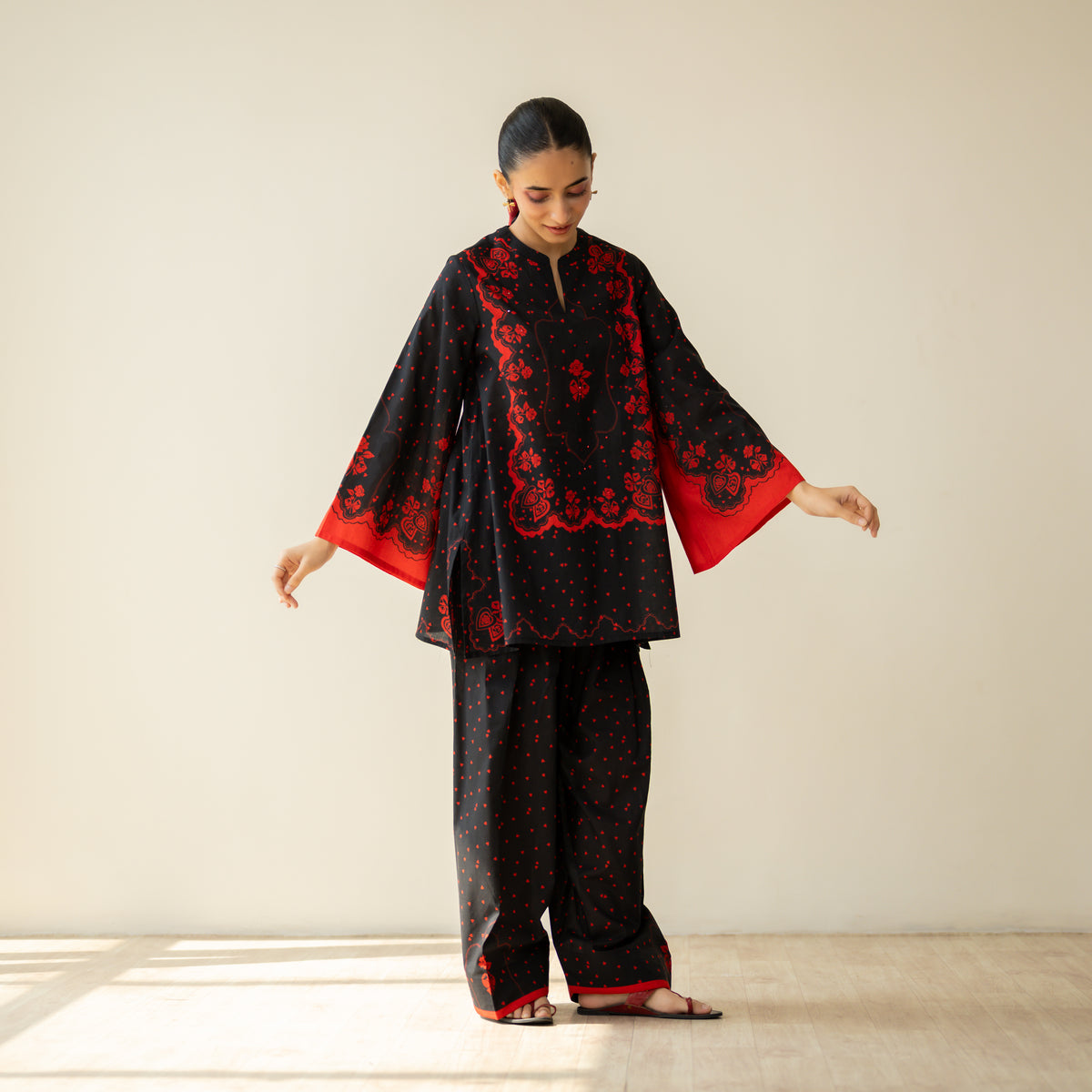 Senorita Hand Embroidered Mulmul Cotton Farshi Set - Dramatic Black