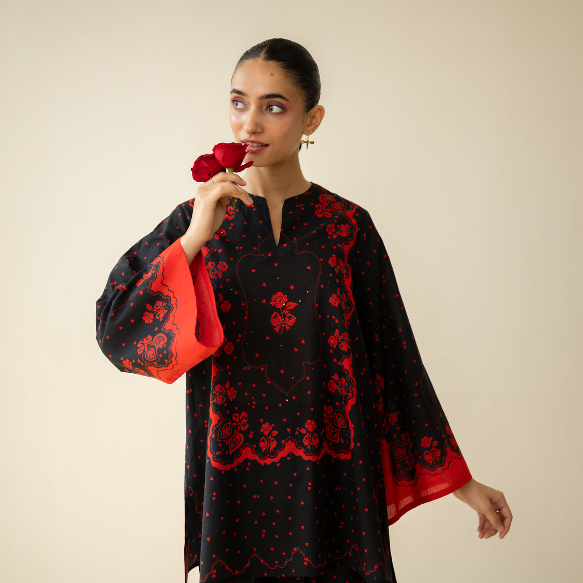 Senorita Hand Embroidered Mulmul Cotton Farshi Set - Dramatic Black