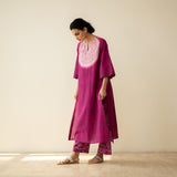 Vamika Hand Embroidered Slub Cotton Kurta Set - Berry Drama