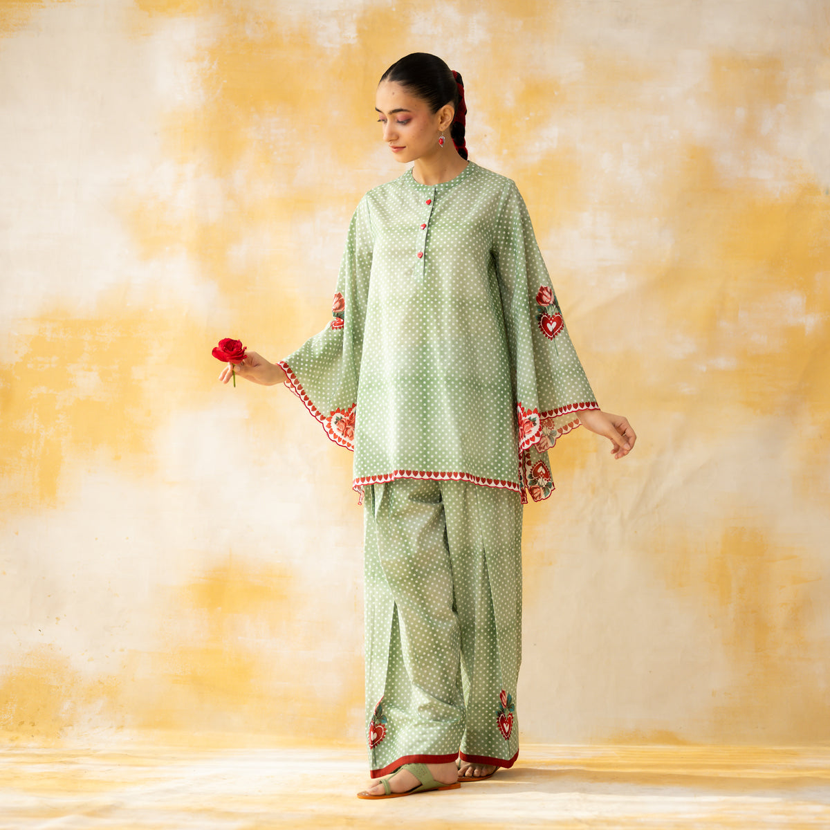 Chameli Mulmul Cotton Farshi Set - Pista