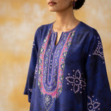 Noora Hand Embroidered Modal Kurta - Ink Blue