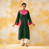 Pitaara Hand Embroidered Modal Kurta - Forest Green