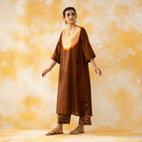 Vamika Hand Embroidered Slub Cotton Kurta Set - Hazelnut Brown