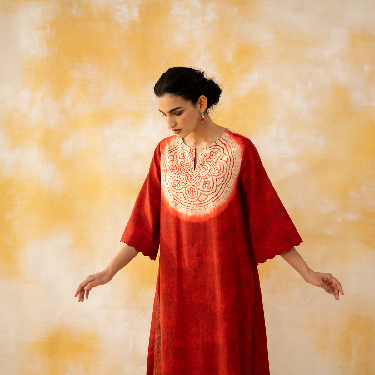 Vamika Hand Embroidered Slub Cotton Kurta Set - Sindoori Red