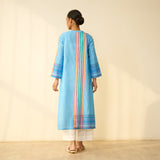 Old Town Slub Cotton Check Kurta - Skyblue
