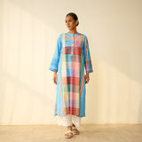 Old Town Slub Cotton Check Kurta - Skyblue