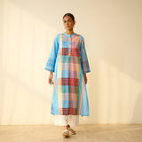 Old Town Slub Cotton Check Kurta - Skyblue