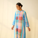 Old Town Slub Cotton Check Kurta - Skyblue